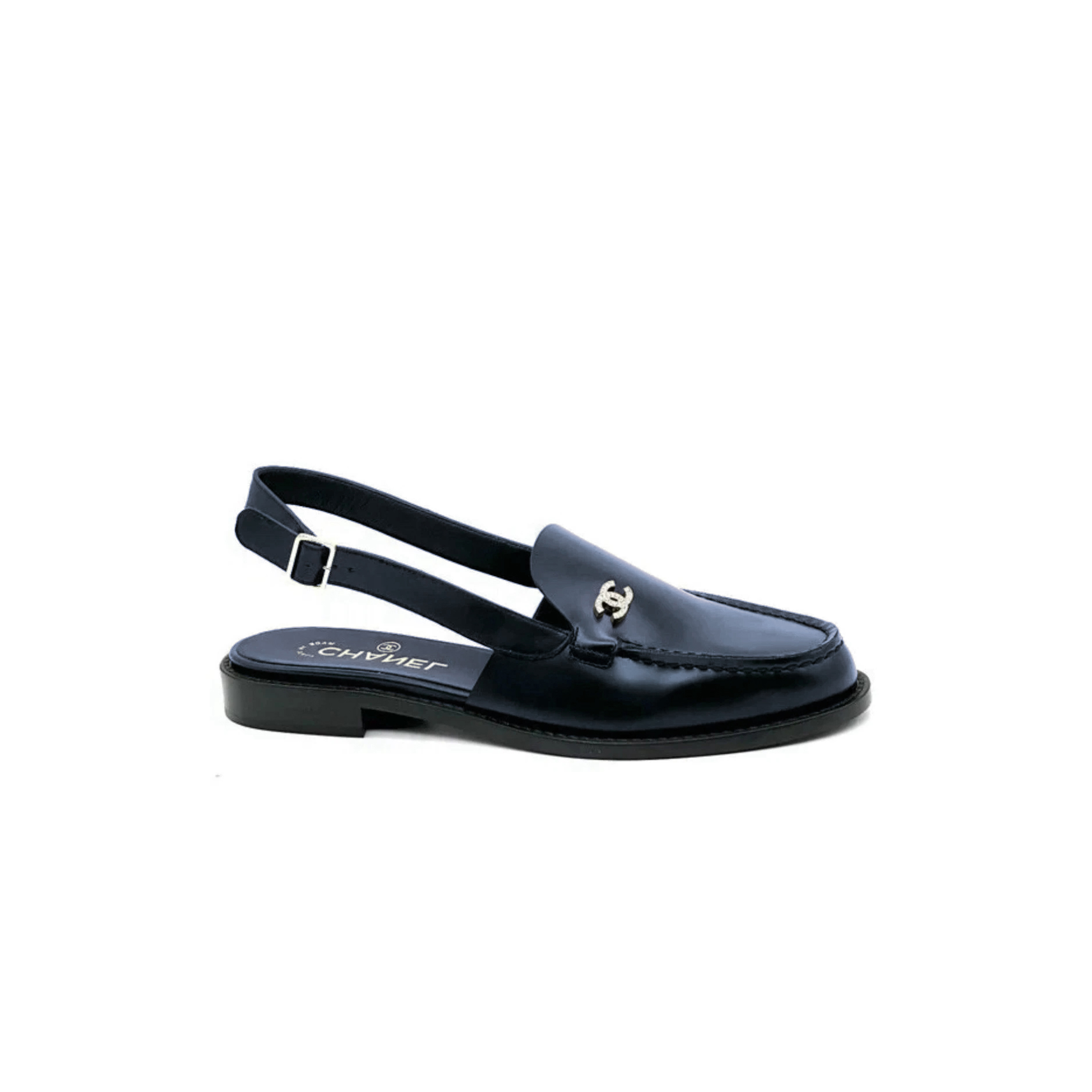 Ch*el 25p crystal cc logo leather slingback flat loafers sandals 285540